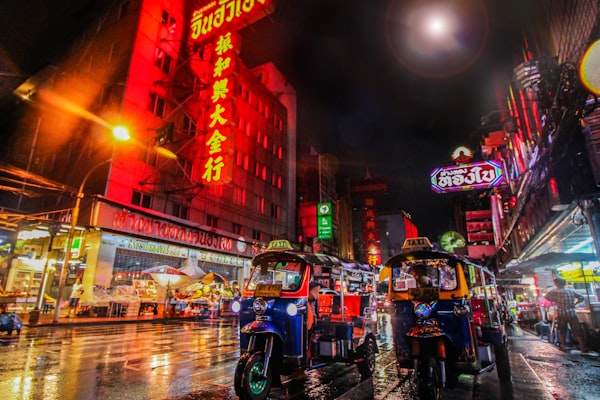 Bangkok temple and city skyline at dusk